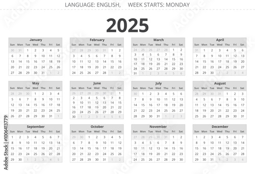 2025 year english vector calendar with 12 months, grey colors. Week starts monday