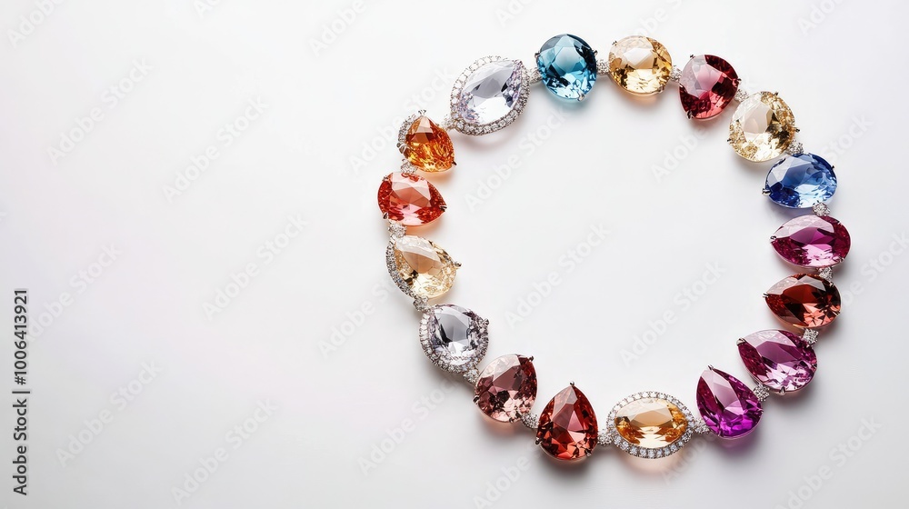 A captivating circle trail of colorful, sparkling jewelry pieces arranged in a perfect loop on a pristine white background, symbolizing elegance and luxury A captivating circle trail of colorful, sparkling jewelry pieces arranged in a perfect loop on a pristine white background, symbolizing elegance and luxury