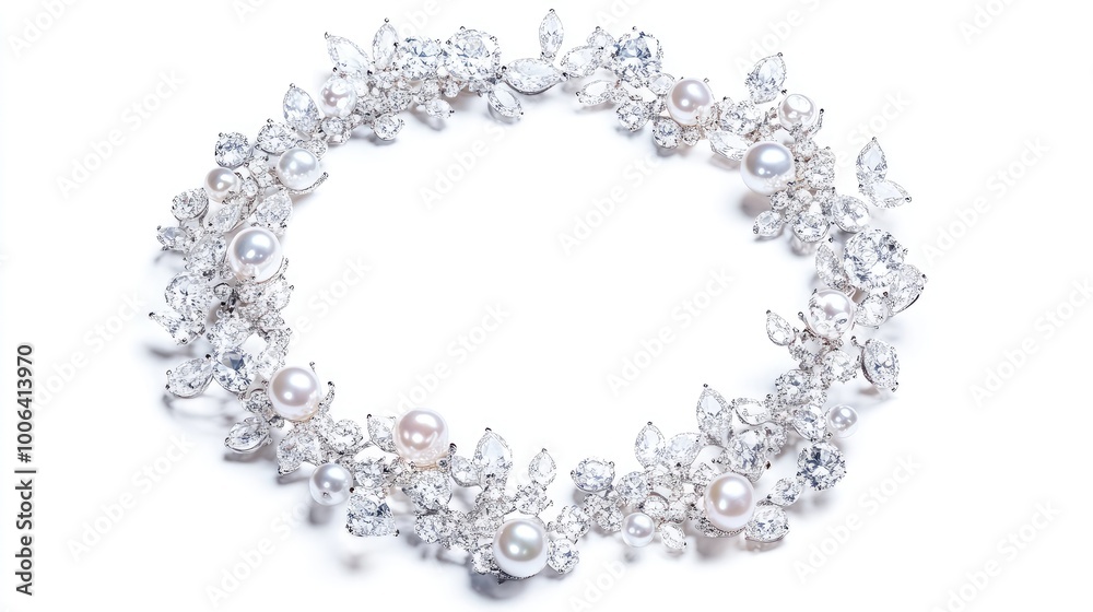A captivating circle trail of sparkling jewelries, including diamonds and pearls, set against a clean white background, exuding luxury A captivating circle trail of sparkling jewelries, including diamonds and pearls, set against a clean white background, exuding luxury