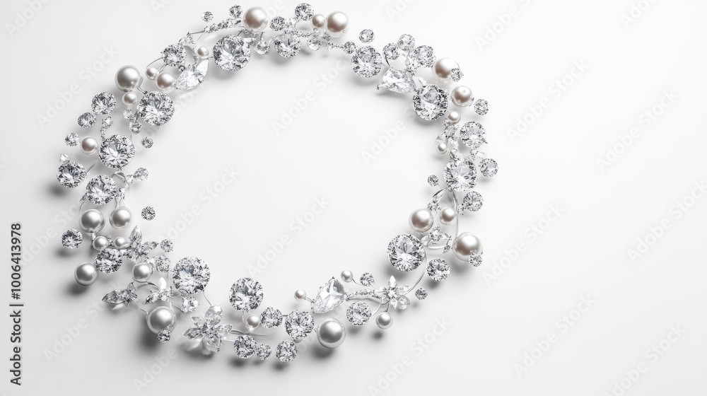 A captivating circle trail of sparkling jewelries, including diamonds and pearls, set against a clean white background, exuding luxury A captivating circle trail of sparkling jewelries, including diamonds and pearls, set against a clean white background, exuding luxury