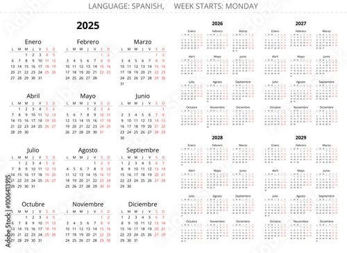 2025, 2026, 2027, 2028, 2029 vertical spanish year calendars. Printable vector illustration for Spain - Calendario