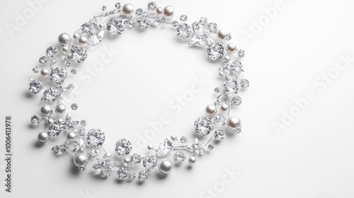 A captivating circle trail of sparkling jewelries, including diamonds and pearls, set against a clean white background, exuding luxury