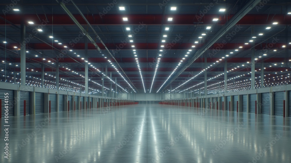 A well-lit warehouse features high ceilings and metallic rolling doors for empty rental storage units, with expansive corridors illuminated by LED lighting A well-lit warehouse features high ceilings and metallic rolling doors for empty rental storage units, with expansive corridors illuminated by LED lighting