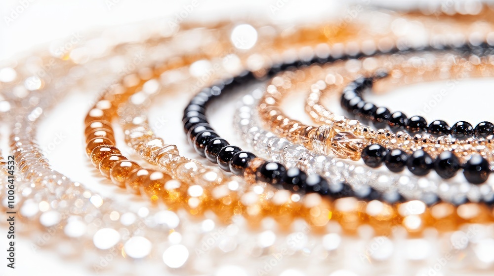 A luxurious circle of necklaces, bracelets, and rings forming a stunning jewelry trail on a sleek white background, symbolizing wealth and beauty A luxurious circle of necklaces, bracelets, and rings forming a stunning jewelry trail on a sleek white background, symbolizing wealth and beauty