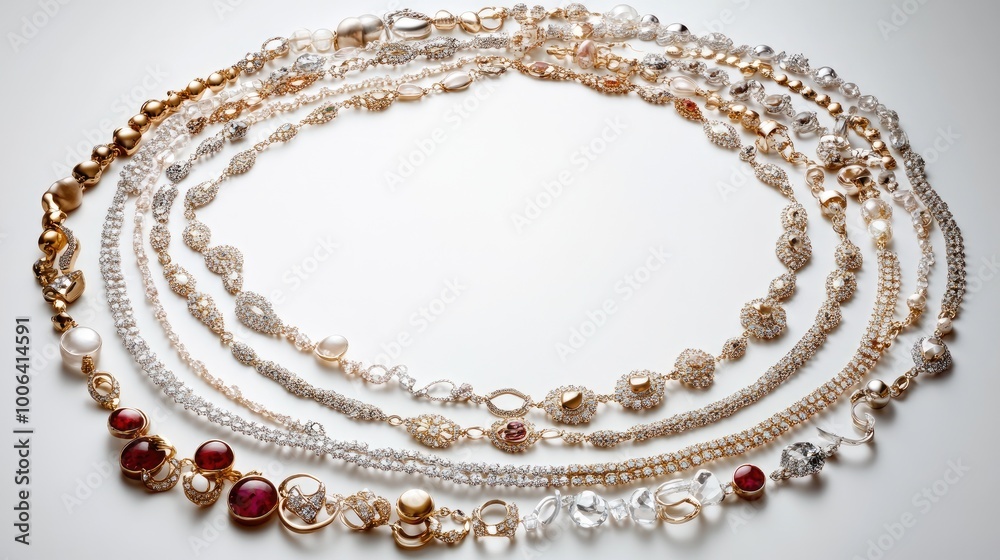 A luxurious circle of necklaces, bracelets, and rings forming a stunning jewelry trail on a sleek white background, symbolizing wealth and beauty A luxurious circle of necklaces, bracelets, and rings forming a stunning jewelry trail on a sleek white background, symbolizing wealth and beauty