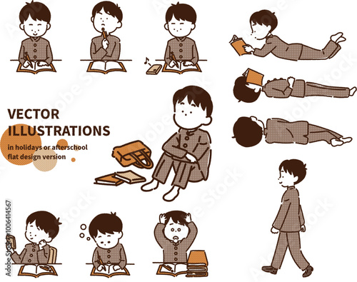 勉強する学生、怠ける学生のポーズ・イラストセット