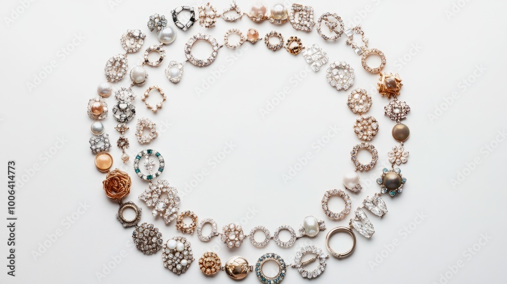 Obraz premium A mesmerizing array of jewelry arranged in a perfect circle trail, creating a stunning display on a minimalist white background