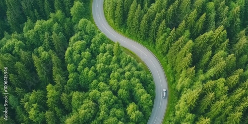 Aerial view of a winding road through a green forest, a high-angle drone shot, a car driving on the mountain path in nature with tall trees, a natural landscape background.