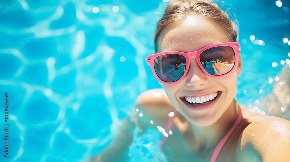 Naklejka premium Beautiful woman in a swimming pool in summer.