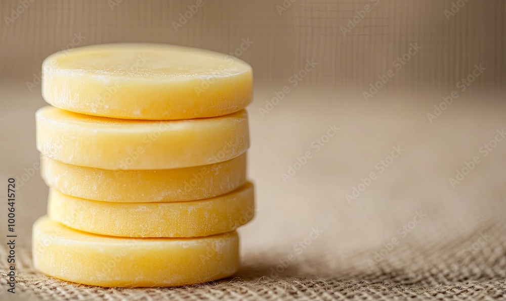 Stack of round yellow beeswax on burlap background. Stack of round yellow beeswax on burlap background.
