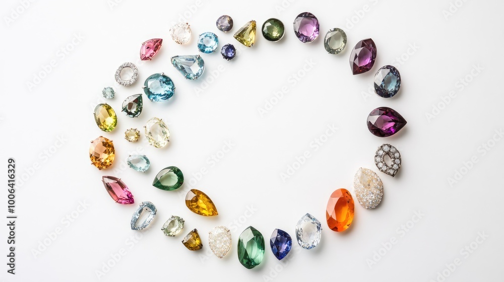 A beautiful array of gemstones and precious jewelry arranged in a circular trail on a minimalist white background, creating a stunning visual