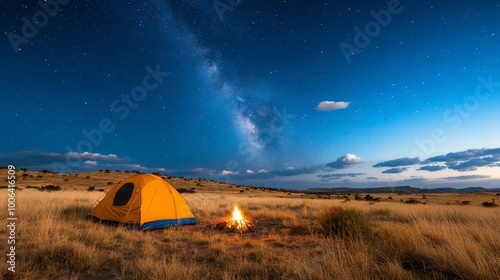 A serene camping scene under a starry sky with a tent and campfire.