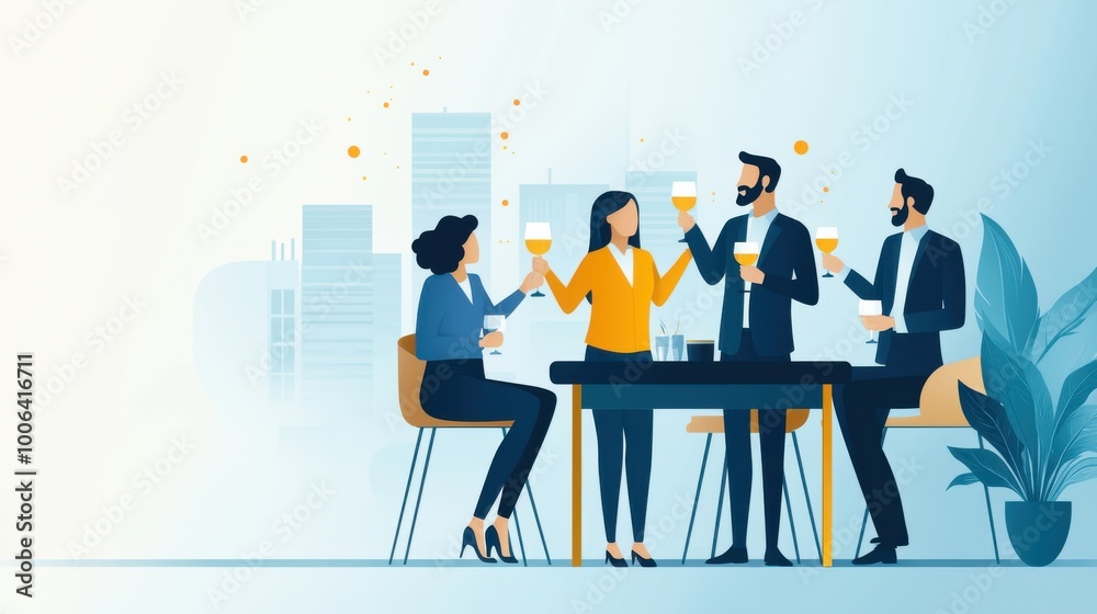 A group of colleagues in a boardroom clinks glasses to celebrate a major career milestone achieved through hard work and strategic planning., flat design illustration A group of colleagues in a boardroom clinks glasses to celebrate a major career milestone achieved through hard work and strategic planning., flat design illustration