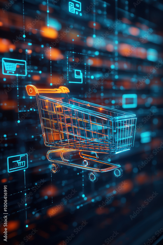 Online shopping e-commerce,  A futuristic holographic shopping cart floats in a digital space, surrounded by glowing annotations that list items and prices. The environment is a