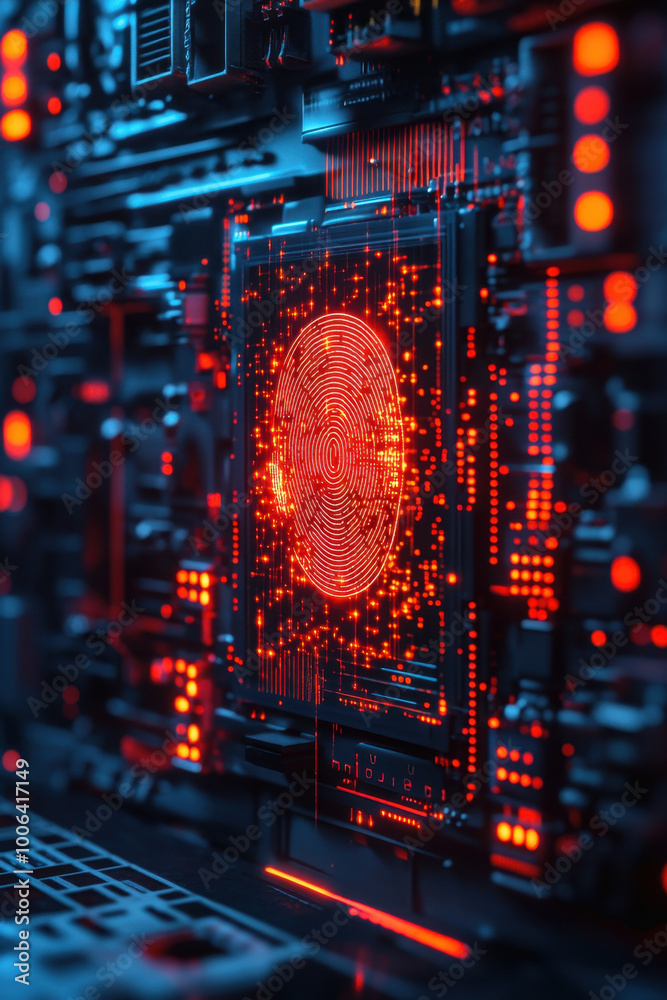 Digital fingerprint, A holographic display of a fingerprint icon is suspended in mid-air over an advanced digital circuit design. The circuit board glows with neon lights, and Digital fingerprint, A holographic display of a fingerprint icon is suspended in mid-air over an advanced digital circuit design. The circuit board glows with neon lights, and