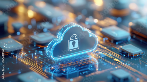 Cloud security measure,  A futuristic lockpad icon in holographic form hovers above a vibrant cloud environment. Bright beams of light emanate from the icon, emphasizing its photo