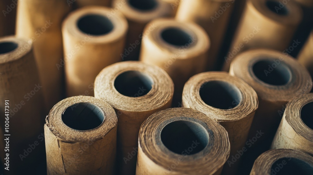 Detailed view of recycled paper rolls being repurposed, highlighting eco-friendly applications. Detailed view of recycled paper rolls being repurposed, highlighting eco-friendly applications.