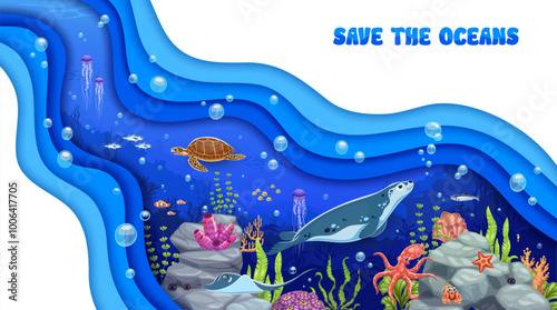 Save the ocean paper cut poster with underwater landscape and marine animals as a turtle, fish, jellyfish, octopus, seal and coral reefs, conveys themes of environmental conservation, ocean protection