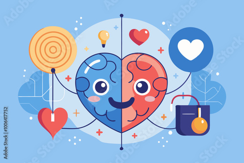 Emotional Intelligence,  emotion with logical Thinking brain, self control or balance concept. Connect heart feeling with logical thinking brain stock vector art illustration