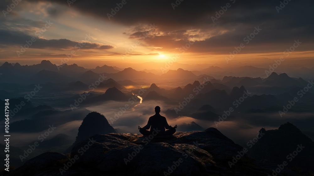 A solitary figure sits in meditation against a breathtaking sunrise over vast mountain ranges, capturing a moment of inner peace and reflection amidst nature.