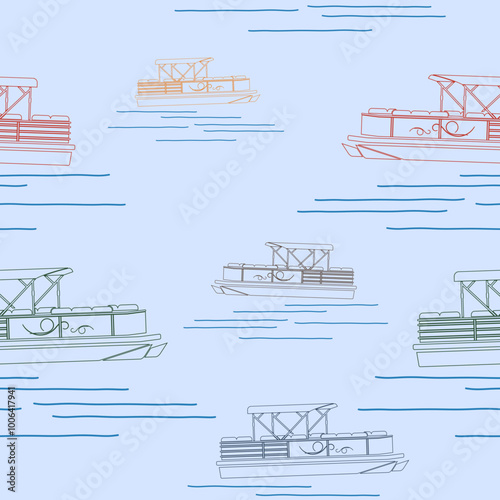 Editable Outline Style Semi-Oblique Side View Pontoon Boat Vector Illustration with Various Colors as Seamless Pattern for Creating Background of Transportation or Recreation Related Design