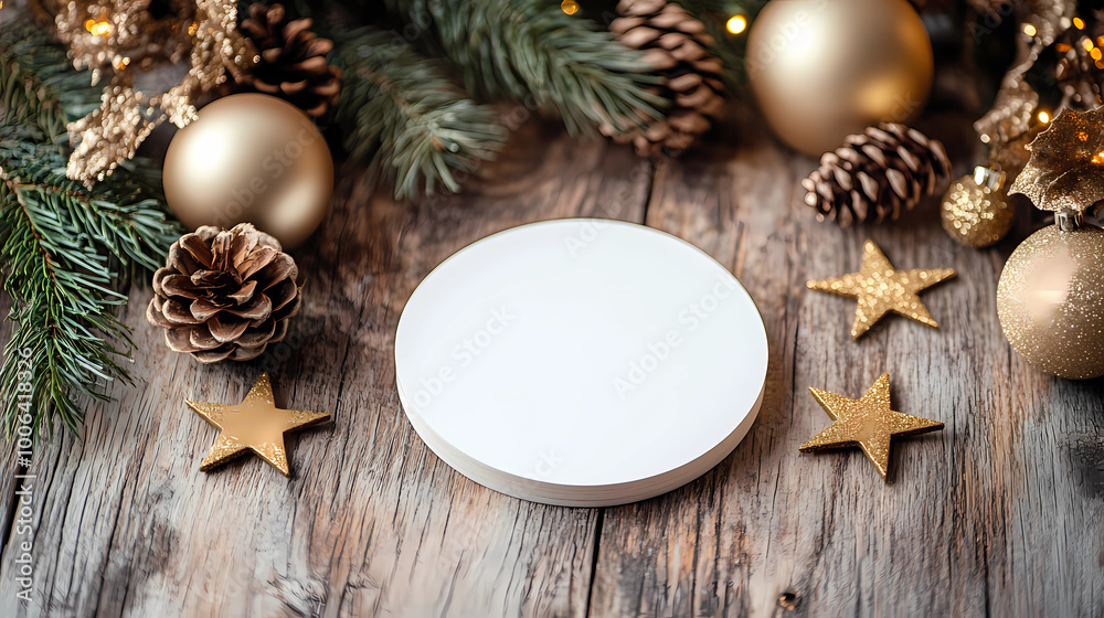 A round mockup of a white blank coaster on a table with Christmas decorations, pine cones, and golden stars, in a minimalistic style, on a wooden background, close-up shot. A round mockup of a white blank coaster on a table with Christmas decorations, pine cones, and golden stars, in a minimalistic style, on a wooden background, close-up shot.