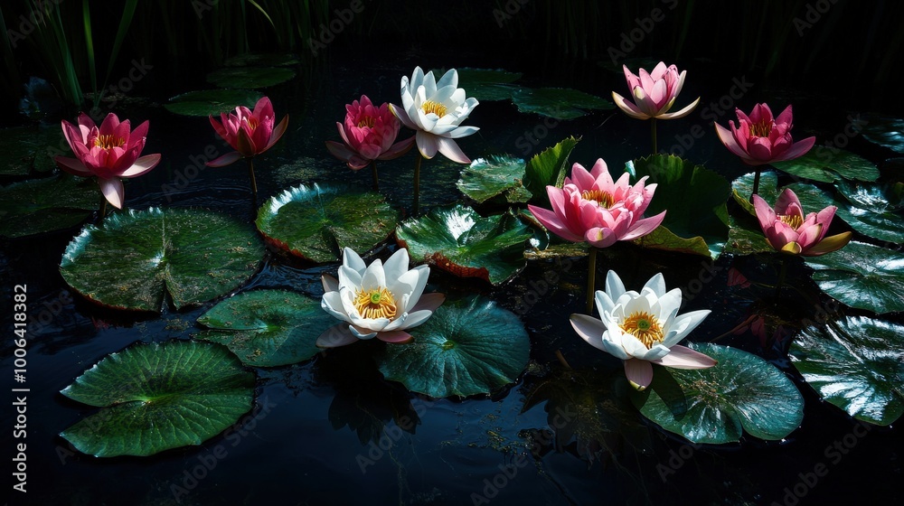 A vibrant scene of diverse lotus flowers in full bloom gracefully resting above lush green leaves, celebrating the colors and beauty of nature in perfect balance.