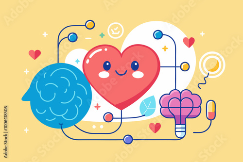 Emotional Intelligence,  emotion with logical Thinking brain, self control or balance concept. Connect heart feeling with logical thinking brain stock vector art illustration