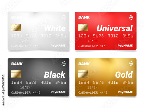 Banking credit debit plastic card different types with chip mock up set realistic vector