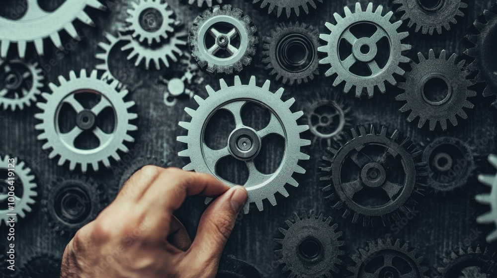 A hand pushing a large gear into place among other gears, all interconnected, representing the act of upskilling to contribute to a larger system or organization A hand pushing a large gear into place among other gears, all interconnected, representing the act of upskilling to contribute to a larger system or organization