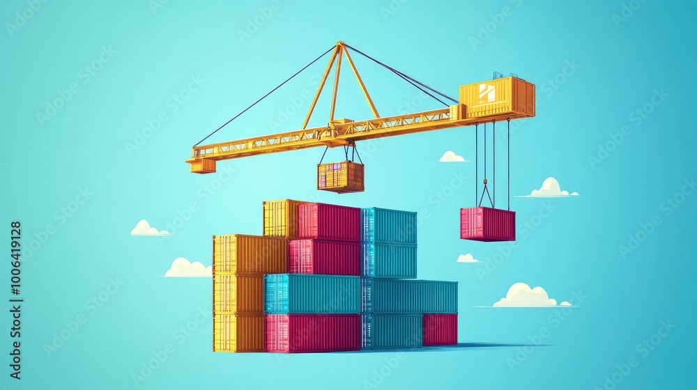 Industrial crane hoisting a set of colorful containers in a vector illustration. Freight forwarding concept with no logos or people. Industrial crane hoisting a set of colorful containers in a vector illustration. Freight forwarding concept with no logos or people.