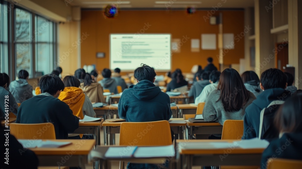 End-of-semester exam results on a digital screen as students anxiously check their grades in a university setting. End-of-semester exam results on a digital screen as students anxiously check their grades in a university setting.