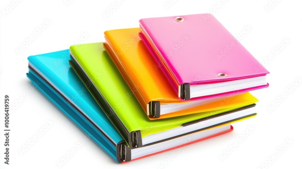 A vibrant trio of office folders in bright hues, isolated on white, ideal for adding color to workplace imagery A vibrant trio of office folders in bright hues, isolated on white, ideal for adding color to workplace imagery
