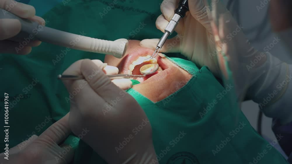 A dentist is using multiple tools to treat a patient's tooth. The patient is covered with a green surgical drape, and the dentist appears to be performing restorative work or a filling on the patient