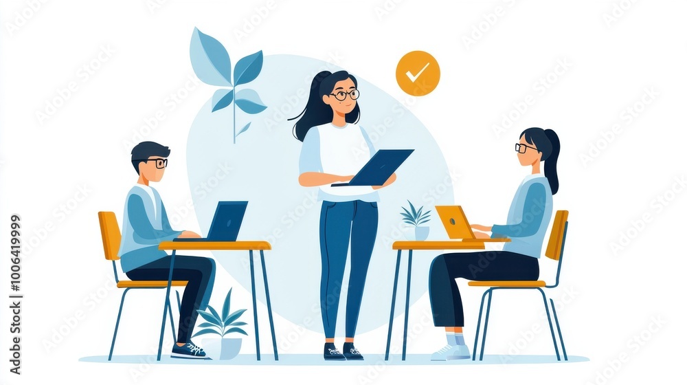 A high school student stands at the front of the class, presenting her academic goals to the teacher and her classmates., flat design illustration A high school student stands at the front of the class, presenting her academic goals to the teacher and her classmates., flat design illustration