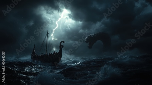 A dramatic scene with a Viking longship caught in a stormy sea, illuminated by lightning, facing a massive sea monster, showcasing bravery and mythology at sea. photo