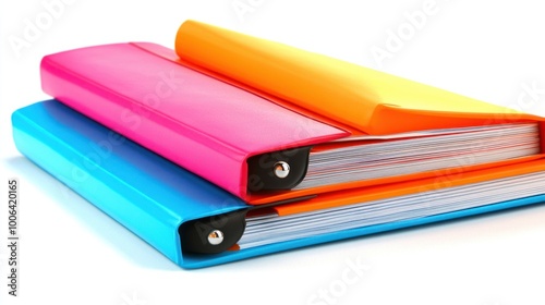 A vibrant trio of office folders in bright hues, isolated on white, ideal for adding color to workplace imagery