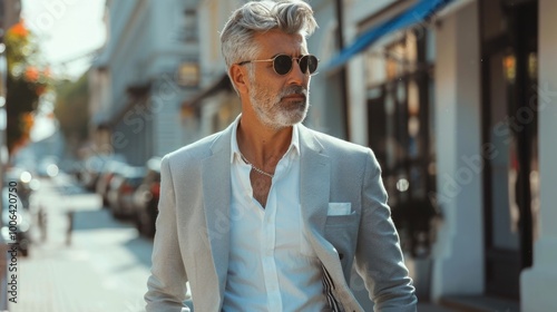 Elderly man with gray hair and beard smiling while walking outdoors. Blurred background. happiness and aging gracefully