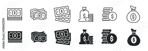 Money line and glyph solid icons collection. Minimal icon and symbol series vector illustration