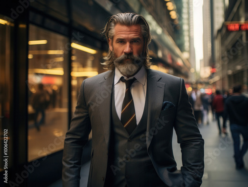 Confident senior businessman in a grey suit walking on a busy city street