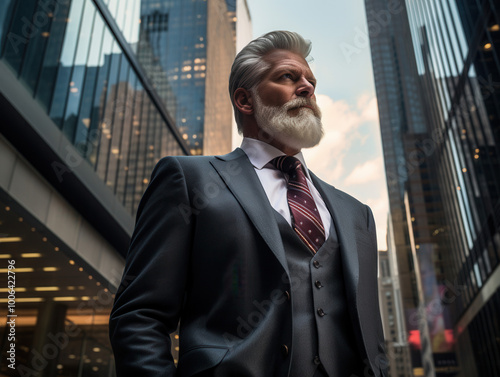 Confident senior businessman in a suit with skyscrapers in the background
