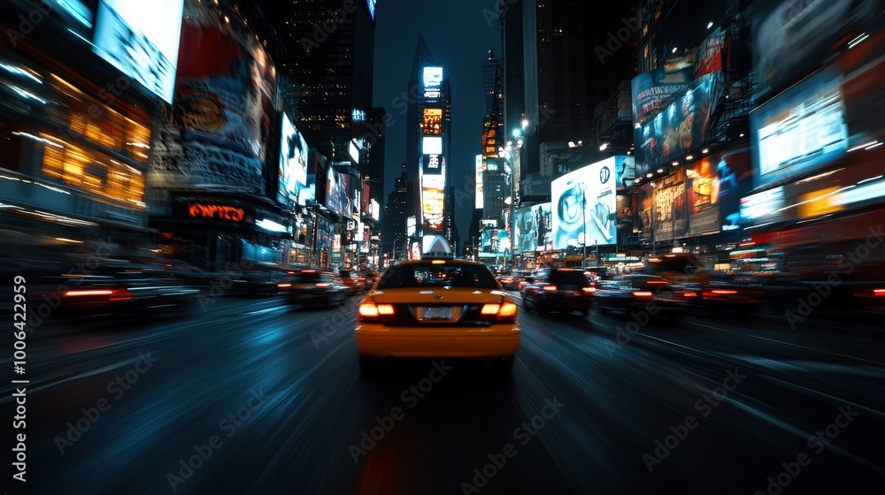 A yellow taxi speeds through a busy city street at night, surrounded by the dazzling lights of skyscrapers and billboards, embodying urban energy and movement.