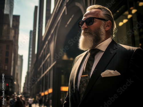 Stylish senior businessman in sunglasses walking through a sunlit city street