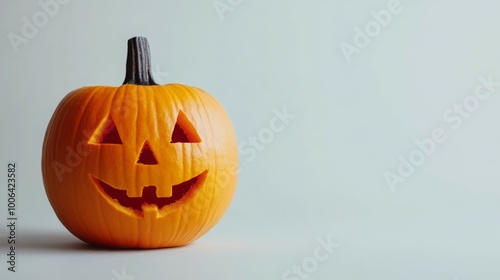 A carved pumpkin with a friendly face sits on a white background.