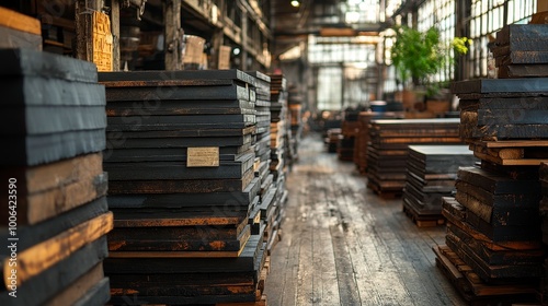 A spacious workshop filled with stacked wooden planks, showcasing craftsmanship and materials.