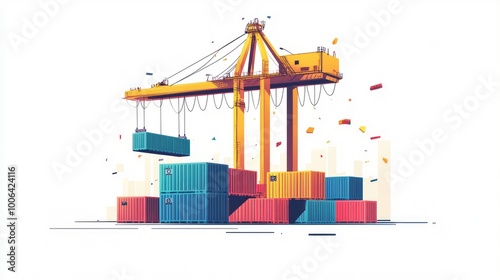 Vector artwork showing a container crane lifting multiple containers for export logistics. Freight forwarding theme, no logos or people. photo