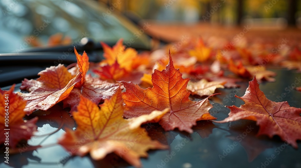Bright red leaves on glossy black car hood in autumn Bright red leaves on glossy black car hood in autumn