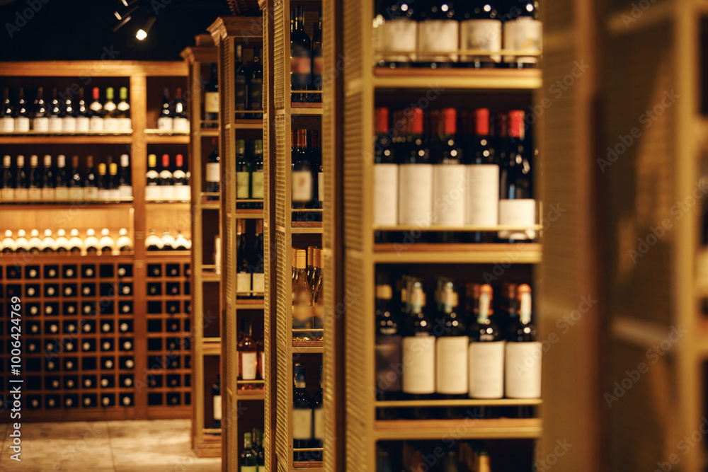 Wine cellar with shelves filled various positions of bottles. High wine shelves with fulled bottles of elite alcohol drinks in big store cellar. Wine cellar with shelves filled various positions of bottles. High wine shelves with fulled bottles of elite alcohol drinks in big store cellar.