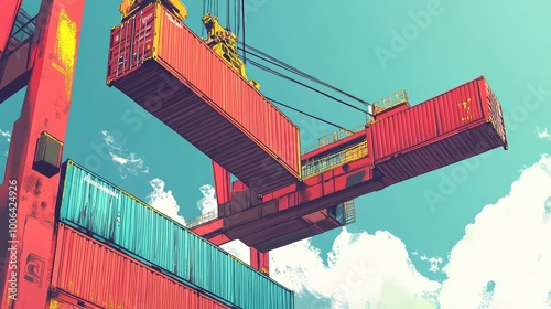 Vector illustration of a shipping crane lifting containers for freight transport. A colorful export-import theme without logos or people. photo