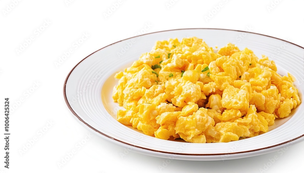 Scrambled eggs are made from chicken eggs. stirred, whipped, or beaten together typically with salt, butter, oil, pepper, and heated so that they form into curds. Isolated on white with copy space Scrambled eggs are made from chicken eggs. stirred, whipped, or beaten together typically with salt, butter, oil, pepper, and heated so that they form into curds. Isolated on white with copy space
